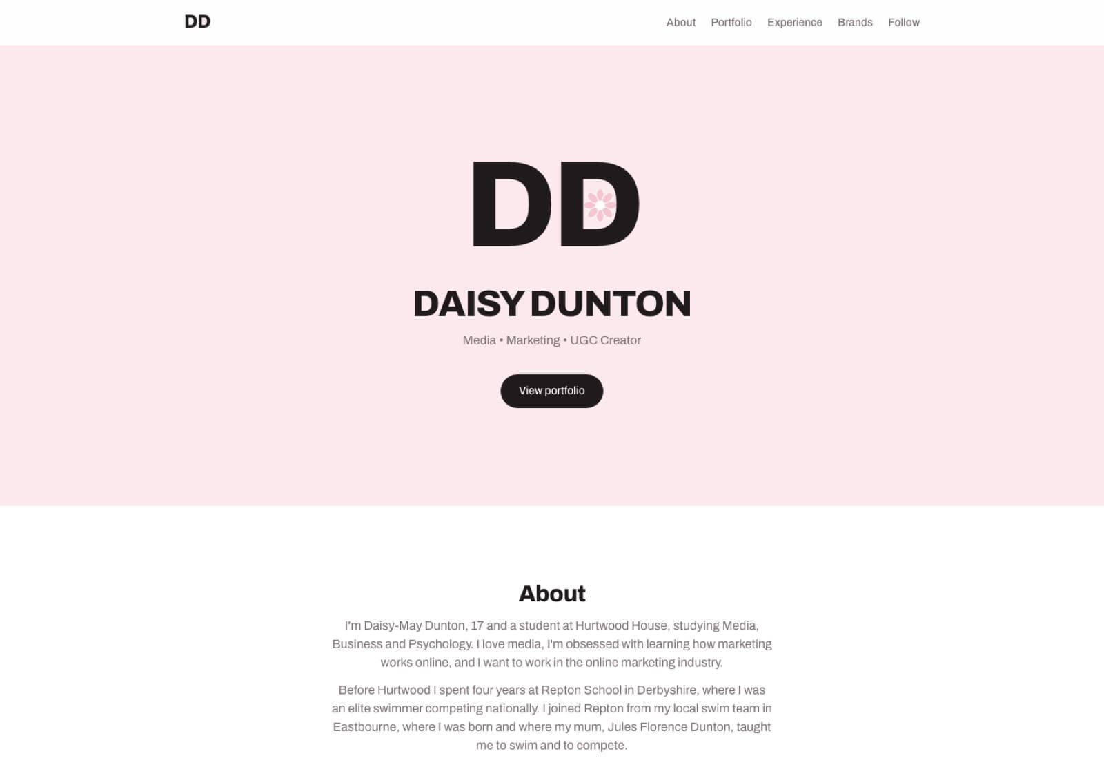 The top of daisydunton.com, showing Daisy's name and her introduction