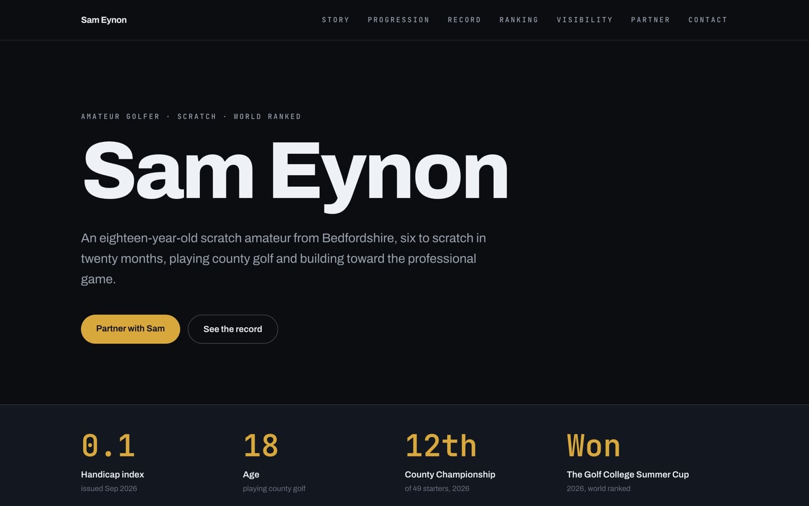The top of sameynon.com, showing Sam's name, his handicap index and his 2026 results